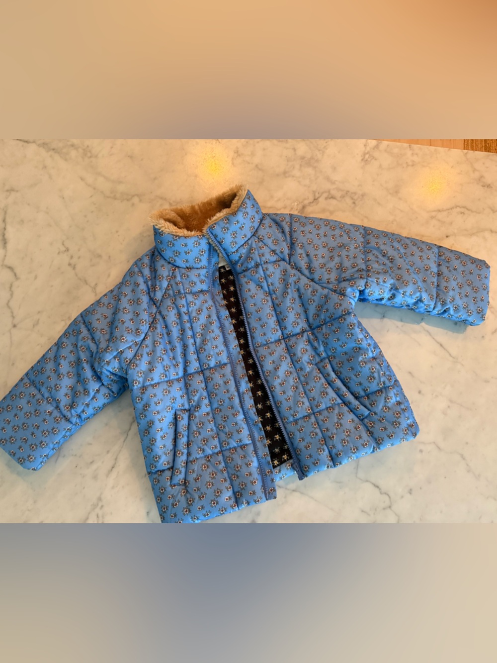 Sea New York Light Blue Floral Puffer Jacket with Faux-Fur Trim